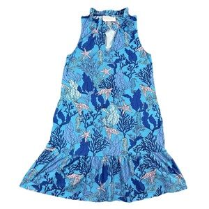 Pappagallo Dress Womens Large Blue Sea Life Print Sleeveless Ruffle Hem Stretch